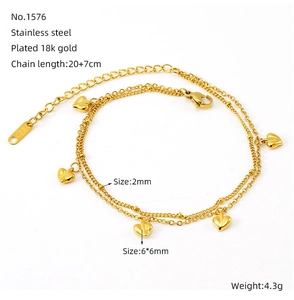Detail of 18k gold plated stainless steel double layer anklet with five heart charms