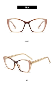 Detail of tea gradient cat-eye glasses frame with subtle glitter finish and side view