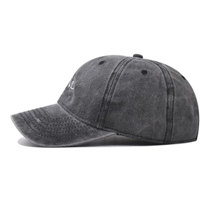Classic washed vintage gray cotton baseball cap with wave embroidery and six-panel design