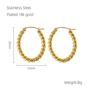 Detailed view of 33mm gold plated stainless steel twisted earrings with dimensions text