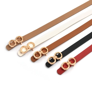 Women Thin Belt Fashion Versatile PU Leather Skinny Waistband Double Ring Alloy Buckle Simple Style For Jeans Skirts