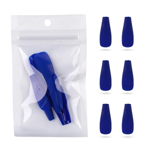 Matte blue long coffin press-on nails with protective packaging on white background