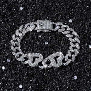 Men's hip hop silver iced out cuban link bracelet with sparkling heart links