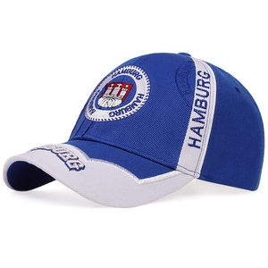 Detail of embroidered Hamburg logo and crest on breathable cotton baseball cap