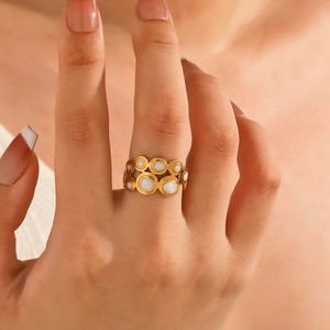 Fashion Stainless Steel Gold Plated White Enamel Open Ring Geometric Round Adjustable Hollow Finger Jewelry For Women