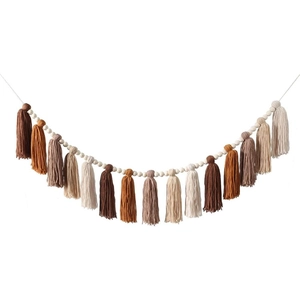 Bohemian wall hanging with wooden beads and gradient earth tone cotton tassels