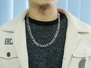 Classic silver titanium steel box chain necklace shown on male neck for styling