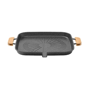 Maifan stone non-stick square grill pan with wooden handles and oil drainage grooves