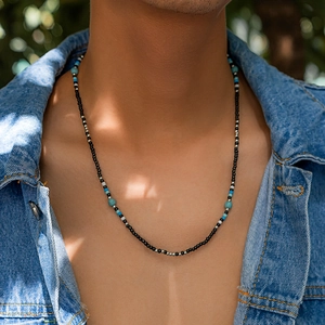 Bohemian Beaded Necklace For Men Handmade Turquoise And Black Seed Beads Adjustable Fashion Jewelry