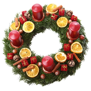 Christmas wreath with 4 red candles, pine cones, and orange slices on a white background