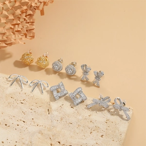 French Vintage Copper Zirconia Bow Stud Earrings For Women Individual Fashion Geometric Square Flower Earrings Jewelry Gift