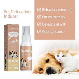 Pet potty training spray 30ml with feature highlights and a cozy cat and dog scene
