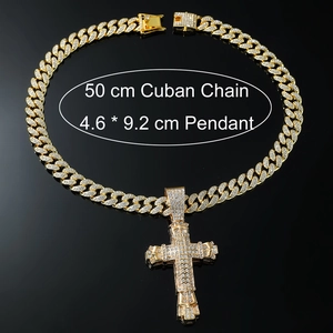 Iced out gold cross pendant necklace with 50cm Cuban chain for men hip hop jewelry