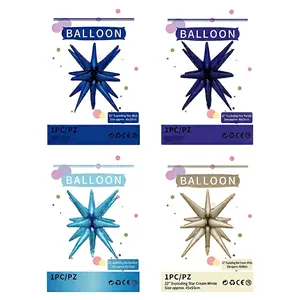 Set of four 22-inch 4D starburst foil balloons in blue, purple, teal, and cream colors