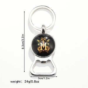 Silver butterfly bottle opener keychain with letter M and dimension specifications