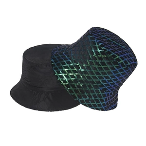 Sequin leopard print bucket hat and black casual sun cap for women in street style