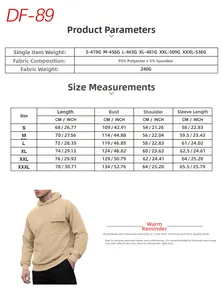 Size chart showing fabric weight and detailed measurements for men's fleece hoodie