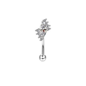 Detail of silver curved barbell with oval and round cubic zirconia stones for body piercing
