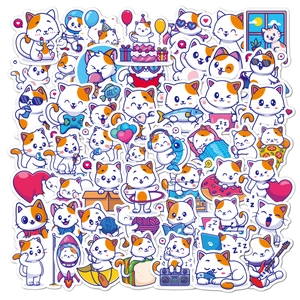 Flat lay of multiple cute cartoon cat stickers with vibrant colors and waterproof finish