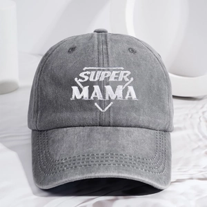 Grey washed denim baseball cap featuring white SUPER MAMA embroidery for casual wear