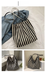 Detail shots of black and white striped canvas tote bag in various lifestyle settings
