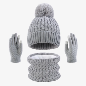 Close-up of kids light gray knit set with warm fleece lining and touchscreen gloves