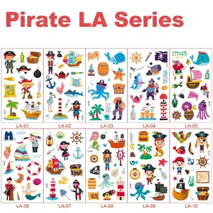 Set of 10 waterproof pirate theme cartoon temporary tattoos for kids with colorful sea designs