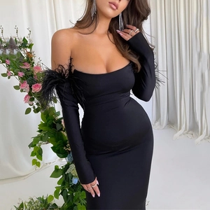Robe Maxi Moulante À Épaules Dénudées Avec Garniture En Plumes Manches Longues Sexy Élégante Fête Soirée Pour Femmes