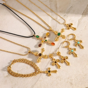 Vintage gold stainless steel cross necklaces and earrings with natural stone inlay
