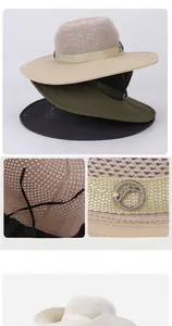 Detail view of breathable mesh sun hat with adjustable cord and stylish metal logo