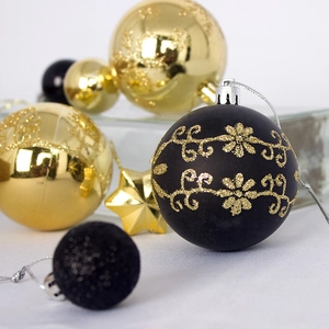 44-piece set of gold and black Christmas tree ornaments with glitter painted patterns