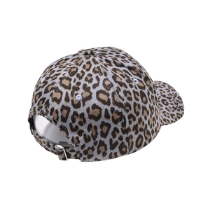 Rear view of leopard print baseball cap featuring metal adjustable buckle and eyelets