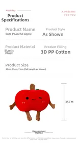 Plush apple doll size chart showing 35cm 55cm and 75cm options for red soft pillows