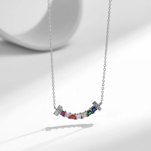 Elegant S925 sterling silver curved necklace with rainbow square-cut cubic zirconia gems