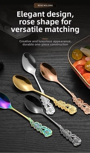 Detailed view of rose-shaped stainless steel spoons in five different metallic colors