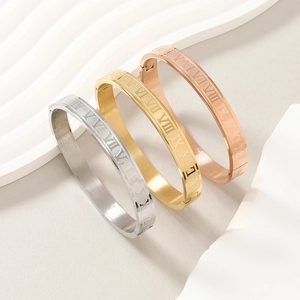 Detail of titanium steel bangles in silver, gold, and rose gold with Roman numerals