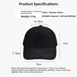 Detailed size guide for corduroy baseball cap showing dimensions and measurements