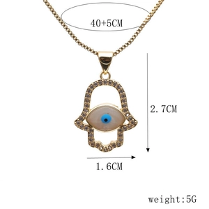 Detailed size specifications for gold Hamsa Hand and Evil Eye pendant necklace