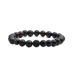 Blue tiger eye and black lava stone beaded stretch bracelet for men and women
