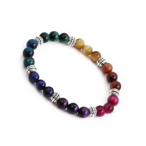 Colorful 8mm tiger eye stone bead bracelet with vintage silver spacer beads for men women