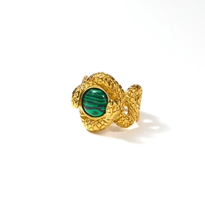 Vintage golden double snake ring with green turquoise stone in 18k gold plating