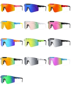 Matrix display of cycling sports sunglasses with various colored lenses and patterned frames
