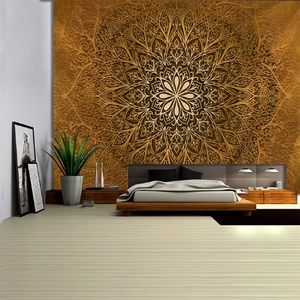 Golden mandala tapestry wall hanging for bedroom decoration in bohemian vintage style