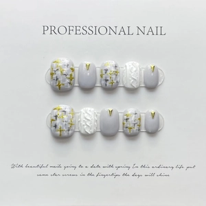 Handmade Press On Nails 3D Relief Flower Tweed Design Gold Foil Elegant Grey White For Women Artificial Fingernails