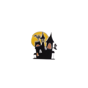 Halloween enamel pin badge featuring a spooky castle silhouette against a full moon