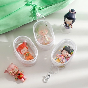 Close-up of a clear PVC figurine storage bag with a white zipper and metal keychain