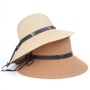 Women Wide Brim Straw Hat Breathable Paper Sun Protection Beach Hat With Metal Butterfly Belt Decoration Summer Travel