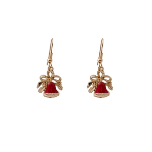 Festive Christmas bell earrings with red bells, gold bows and holly leaf details