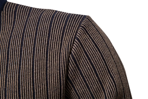 Close-up of fine ribbed knit texture and striped pattern on men's navy and khaki sweater