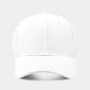 Detail of white cotton baseball cap showing 6-panel structure and embroidered eyelets